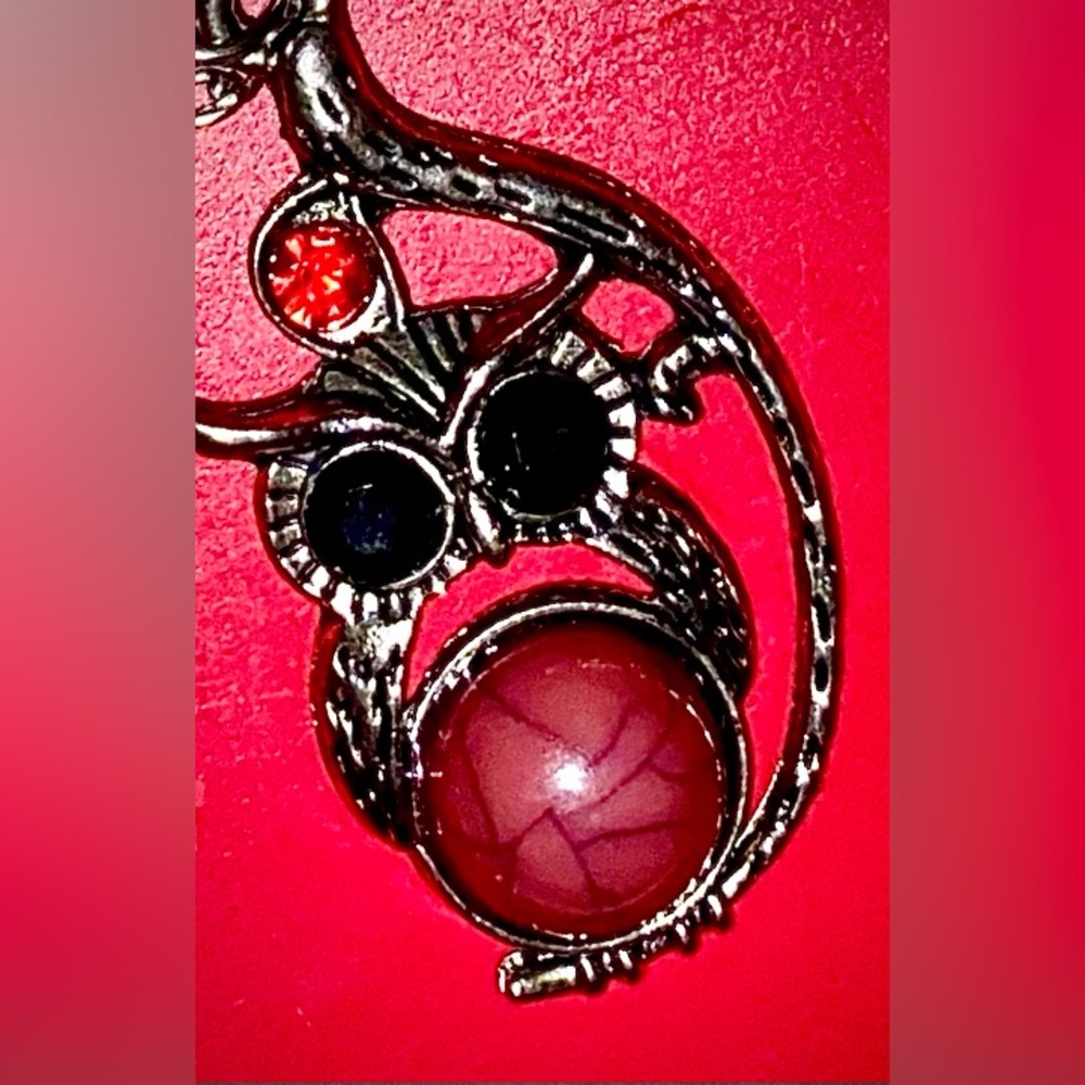 Owl Necklace Silver tone  with Pink and Black Details